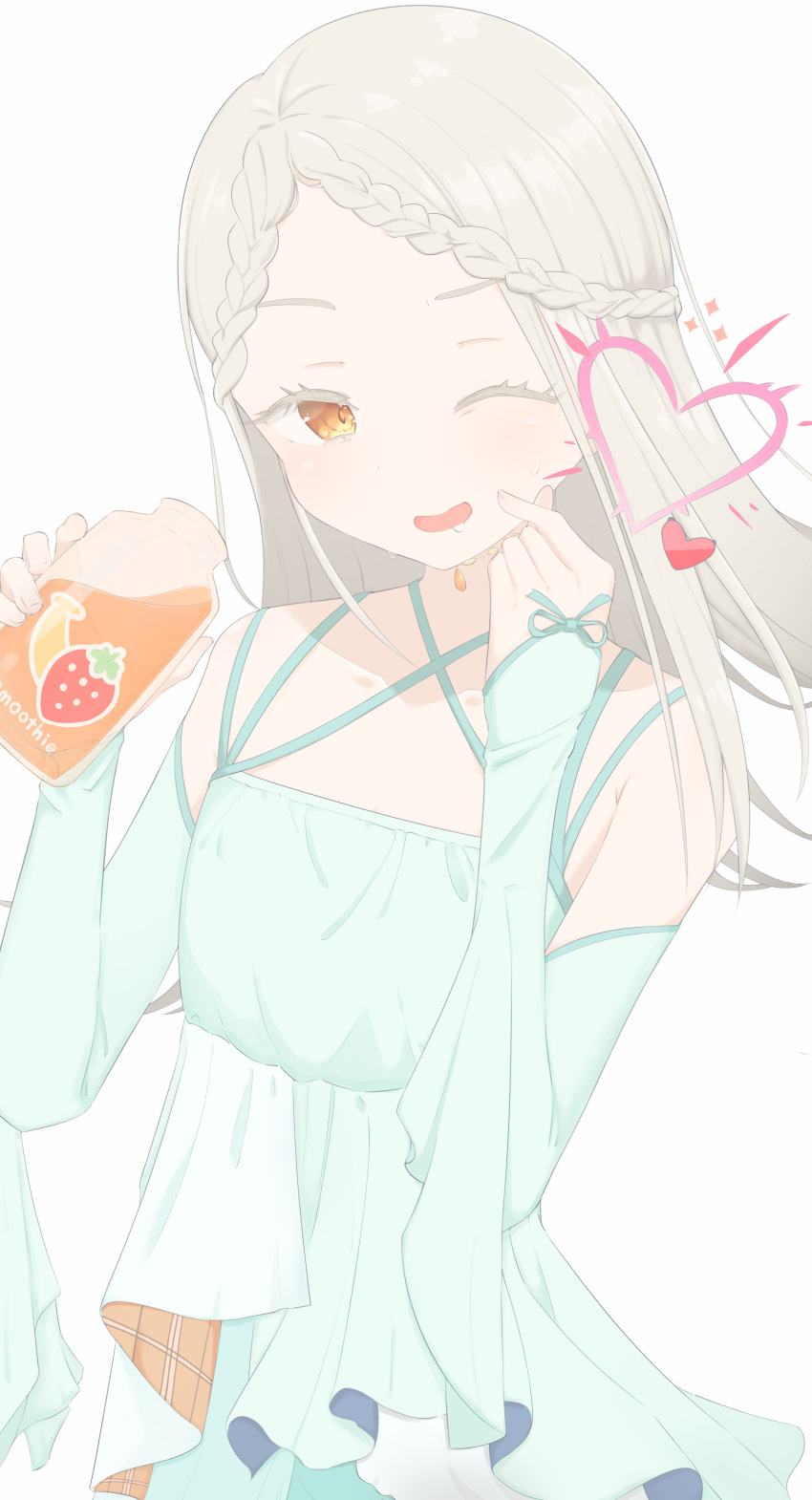 1girl, ;d, absurdres, aqua_dress, blush, bottle, braid, braided_bangs, collarbone, colored_eyelashes, detached_sleeves, dress, finger_heart, flat_chest, gakuen_idolmaster, heart, highres, holding, holding_bottle, idol_clothes, idolmaster, inumiya_nudora, juice, koukei_(idolmaster), long_hair, looking_at_viewer, one_eye_closed, orange_eyes, shinosawa_hiro, simple_background, smile, solo, sweat, white_background