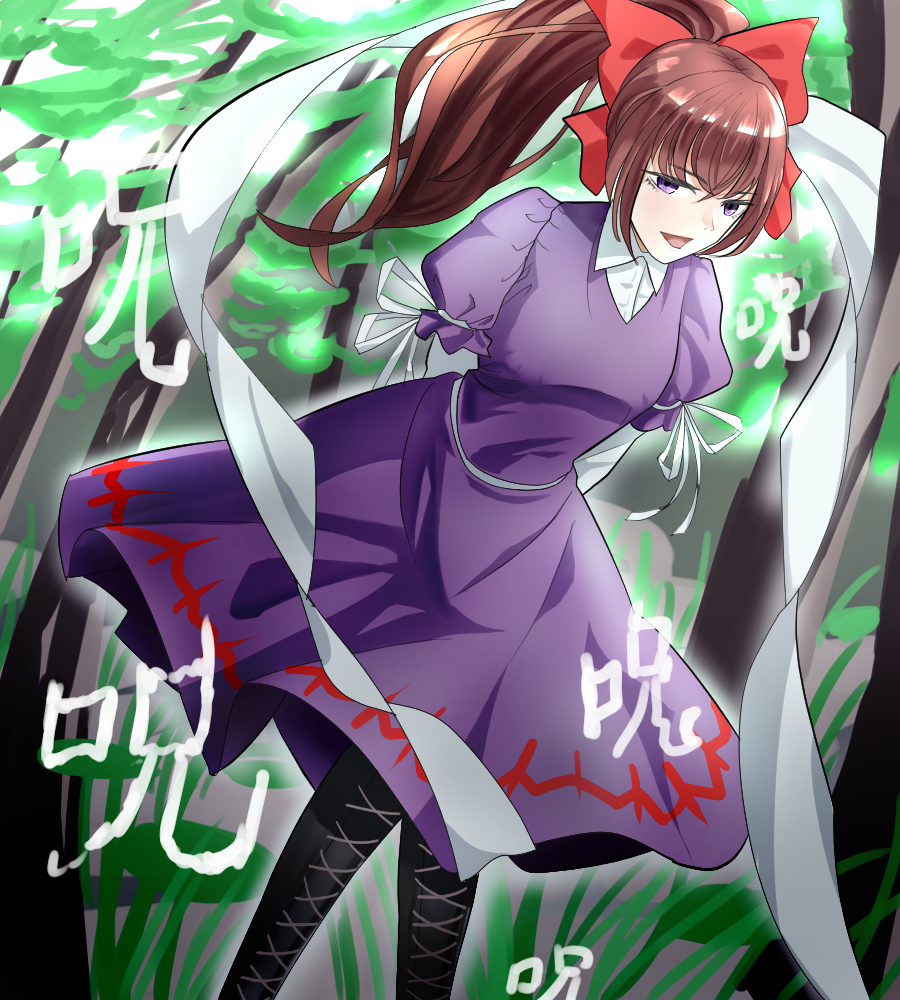 1girl, black_footwear, bow, brown_hair, dress, johnson0110, long_hair, looking_at_viewer
