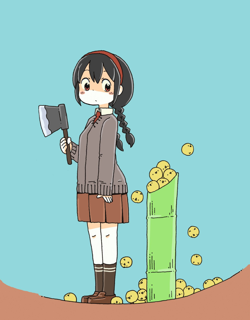 1girl, animal, axe, bamboo, bird, black_hair, black_socks, blue_background