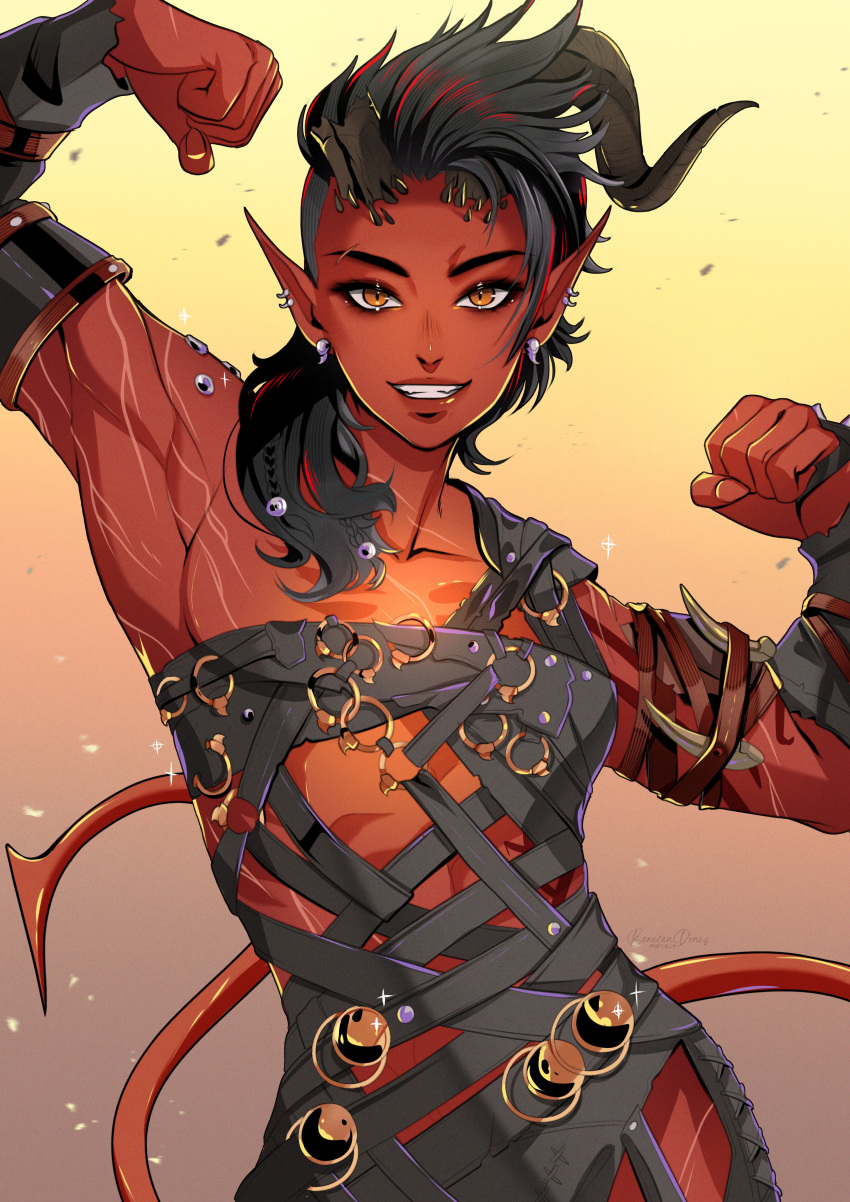 1girl, absurdres, asymmetrical_hair, baldur's_gate, baldur's_gate_3, broken_horn, colored_skin, demon_girl, demon_horns, demon_tail, dungeons_&amp;_dragons, highres, horns, karlach, muscular, muscular_female, pixie_(pixieinktvis), pointy_ears, red_skin, sidecut, smile, solo, studs, tail, tiefling, undercut