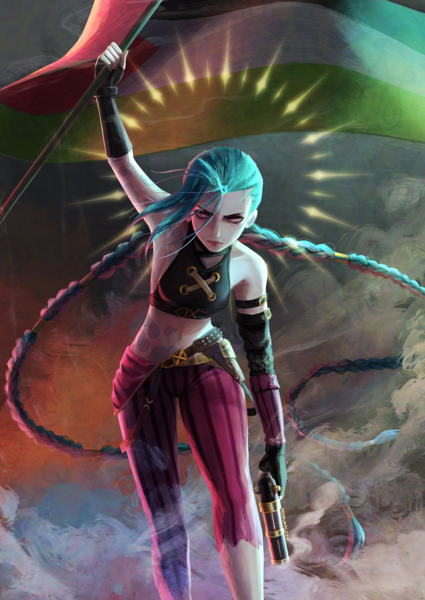 1girl, alice_(redrumalice), arcane:_league_of_legends, arcane_jinx, arm_tattoo, artist_name, asymmetrical_bangs, braid