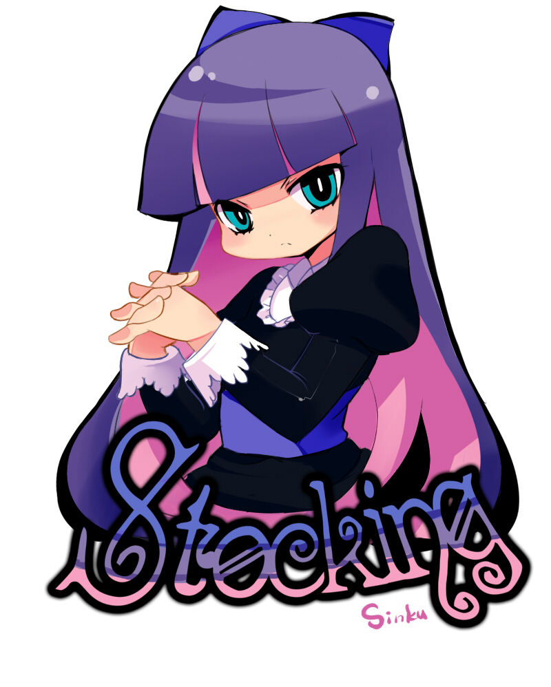 bow, hair_bow, hands_clasped, long_hair, panty_&amp;_stocking_with_garterbelt, purple_hair, solo, stocking_(character)