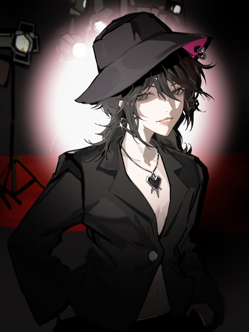 1girl, absurdres, aegyo_sal, black_eyes, black_hair, black_hat, black_jacket, breasts, breasts_apart, chinese_commentary, collarbone, commentary, deren_(path_to_nowhere), ds_(zhaoqi136), earrings, hands_in_pockets, hat, heart, heart_earrings, heart_necklace, highres, hoop_earrings, jacket, jewelry, long_hair, naked_jacket, navel, necklace, parted_lips, path_to_nowhere, red_carpet, smile, solo, spotlight, stage_lights, suit_jacket, two-sided_fabric, two-sided_headwear, upper_body