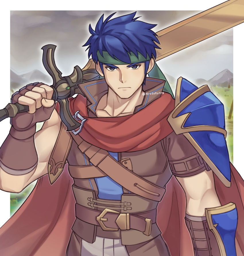 1boy, armor, blue_eyes, blue_hair, cape, fingerless_gloves, fire_emblem, fire_emblem:_path_of_radiance