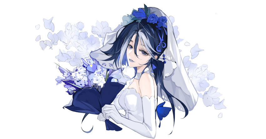 1girl, absurdres, adela_(path_to_nowhere), alternate_costume, bare_shoulders, blue_eyes, blue_flower, blue_hair