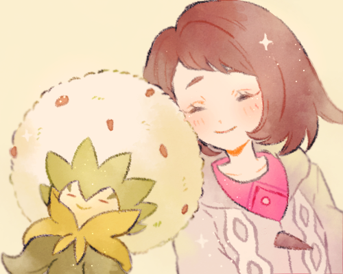 1girl, brown_hair, cable_knit, cardigan, closed_eyes, eldegoss, gloria_(pokemon), grey_cardigan