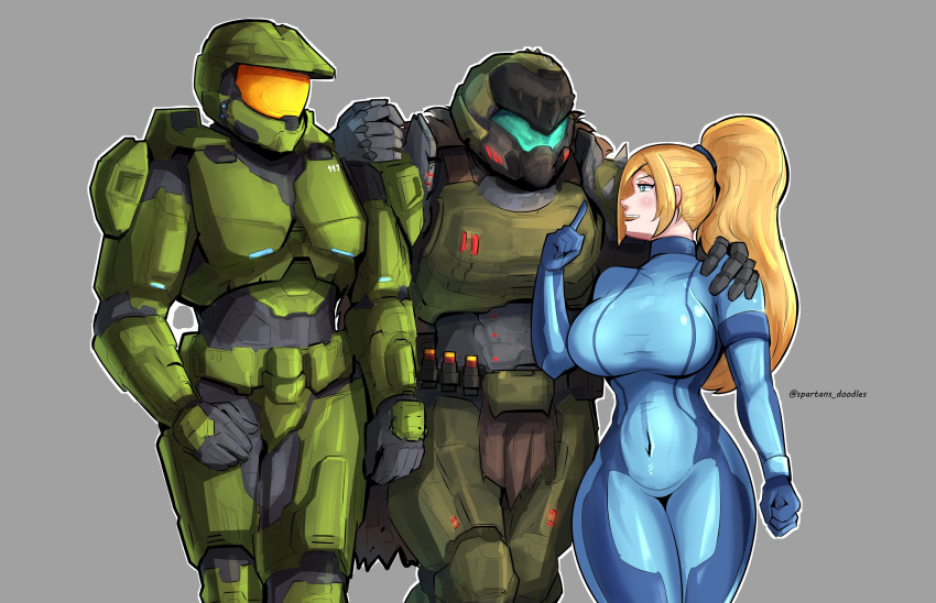 1girl, 2boys, absurdres, assault_visor, blonde_hair, blue_bodysuit, bodysuit, doom:_the_dark_ages