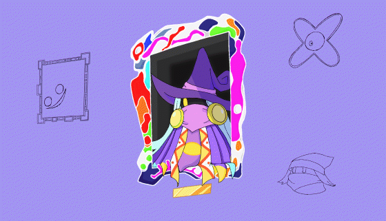 1000-nen_ikiteru_(vocaloid), 1girl, animated, animated_gif, blue_hair, cackling_painting, drawcia, hat, kirby_(series), kirby_canvas_curse, nijyu7, one-eyed, para_matter, para_sorceress, purple_background, through_medium, through_painting, witch_hat, yellow_eyes