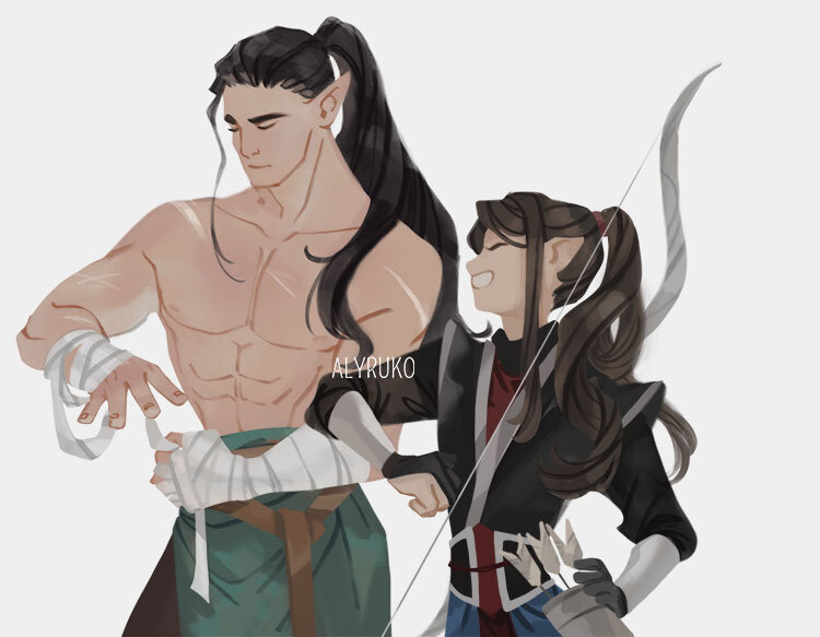 2boys, alyruko, archery_shooting_glove, arm_wrap, arrow_(projectile), artist_name, beleg, belt