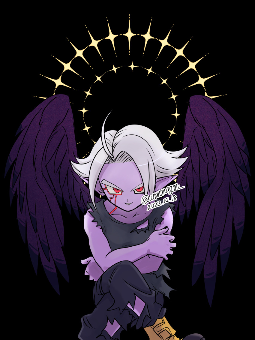 1boy, absurdres, black_nails, black_wings, child, colored_skin, commentary_request, crossed_arms, crossed_legs, demon, dragon_ball, dragon_ball_heroes, facial_mark, feathered_wings, fu_(dragon_ball), highres, light_smile, looking_at_viewer, male_focus, mochigome_(urmmcgm), multicolored_wings, pointy_ears, purple_skin, purple_wings, red_eyes, short_hair, torn_clothes, twitter_username, white_hair, wings