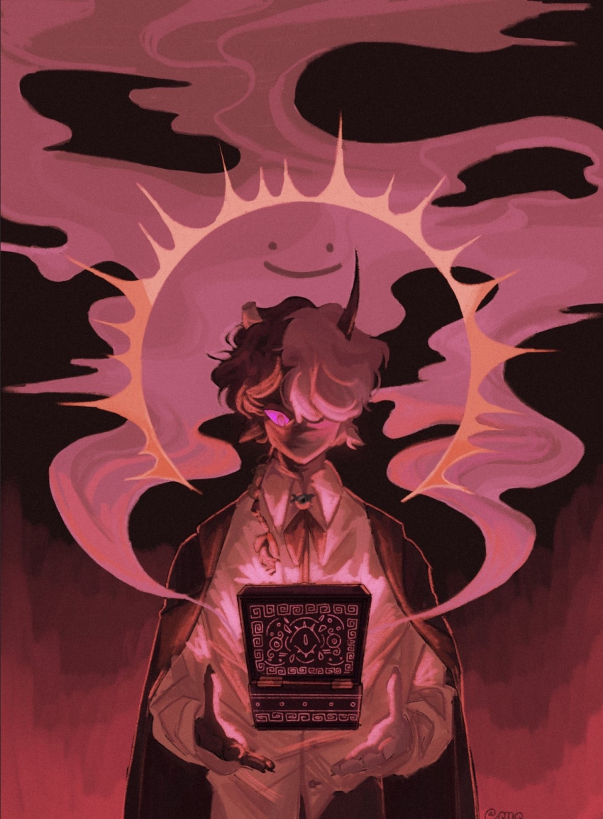 1other, black_hair, black_horns, black_jacket, black_skin, box, broken_horn, collared_shirt