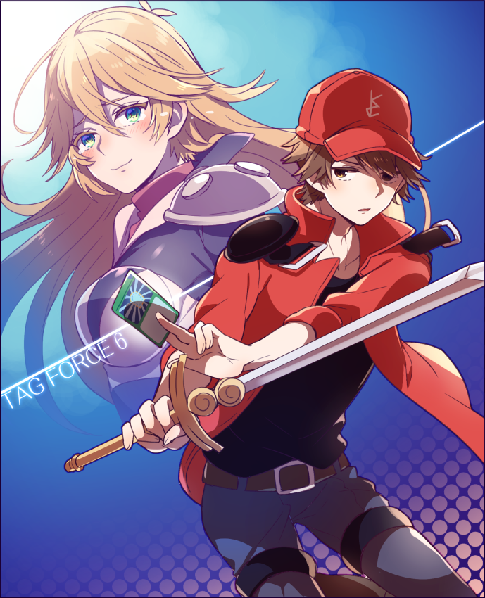 1boy, 1girl, belt, black_shirt, blonde_hair, blue_background, brown_eyes, brown_hair