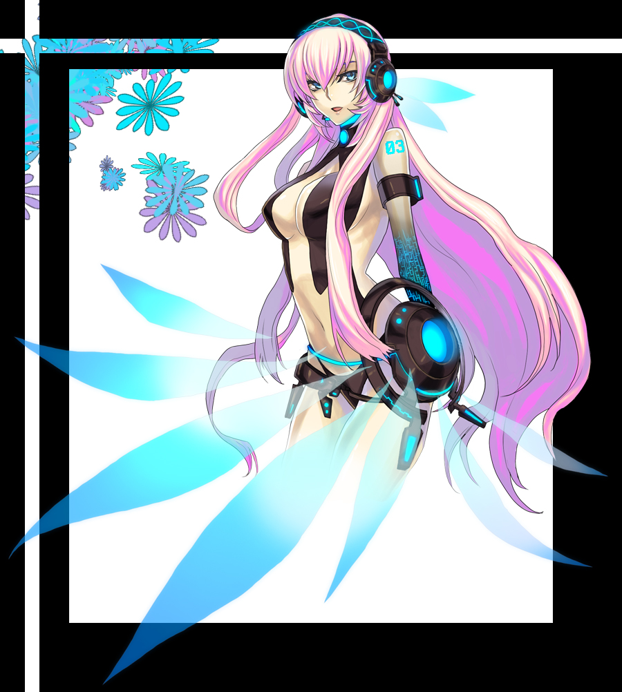 belt, blue_eyes, breasts, cosplay, hatsune_miku_(append)_(cosplay), headphones, headset, long_hair, megurine_luka, megurine_luka_(append), miku_append, navel, ozaki_c, pink_hair, solo, very_long_hair, vocaloid, vocaloid_append