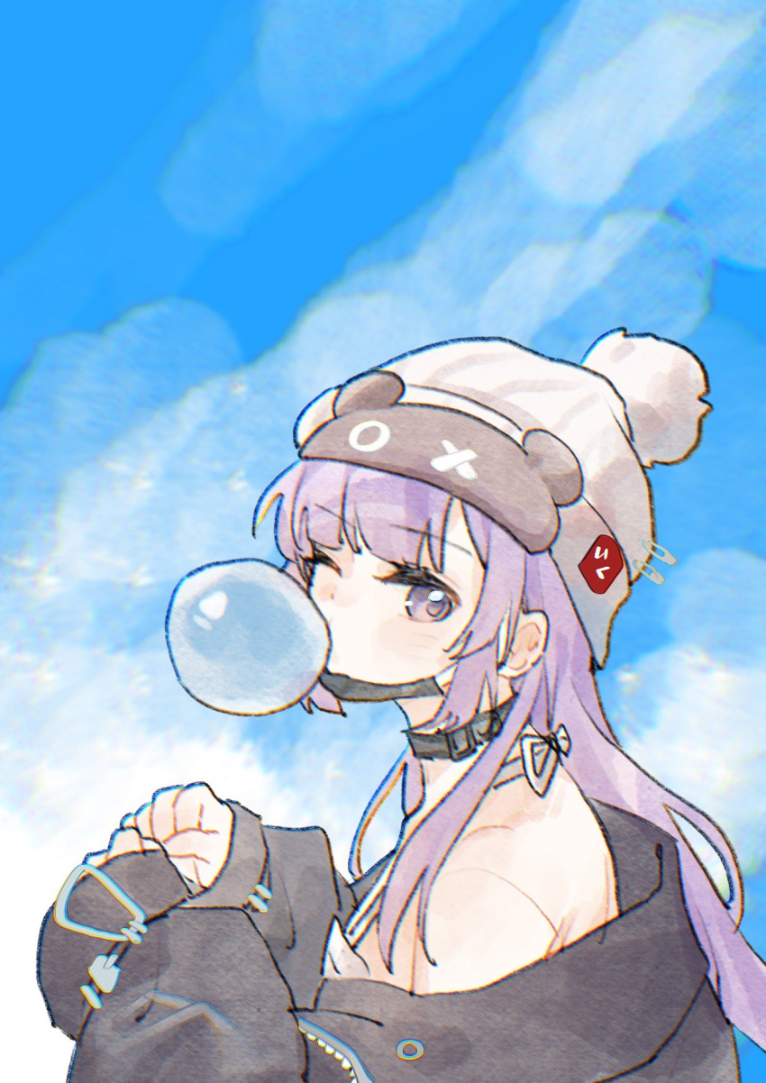 1girl, back_peek, bare_shoulders, beanie, black_choker, black_jacket, blowing_bubbles, blue_sky