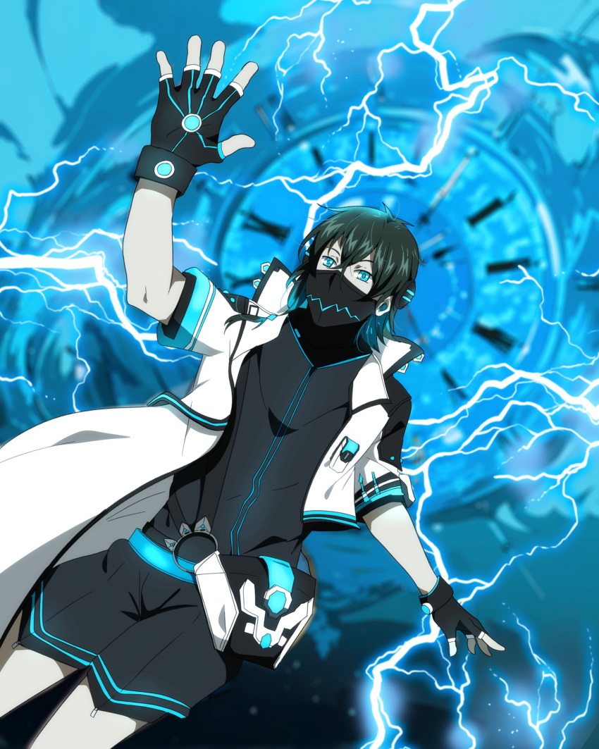 1boy, asymmetrical_jacket, black_gloves, black_hair, black_shirt, black_shorts, blue_eyes, clock, commentary, crossed_bangs, english_commentary, fingerless_gloves, gloves, hair_between_eyes, highres, jacket, kyohei_tekma, male_focus, mask, mouth_mask, nexas_(vtuber), roman_numeral, sbel02, second-party_source, shirt, shorts, solo, thunder, virtual_youtuber, white_jacket