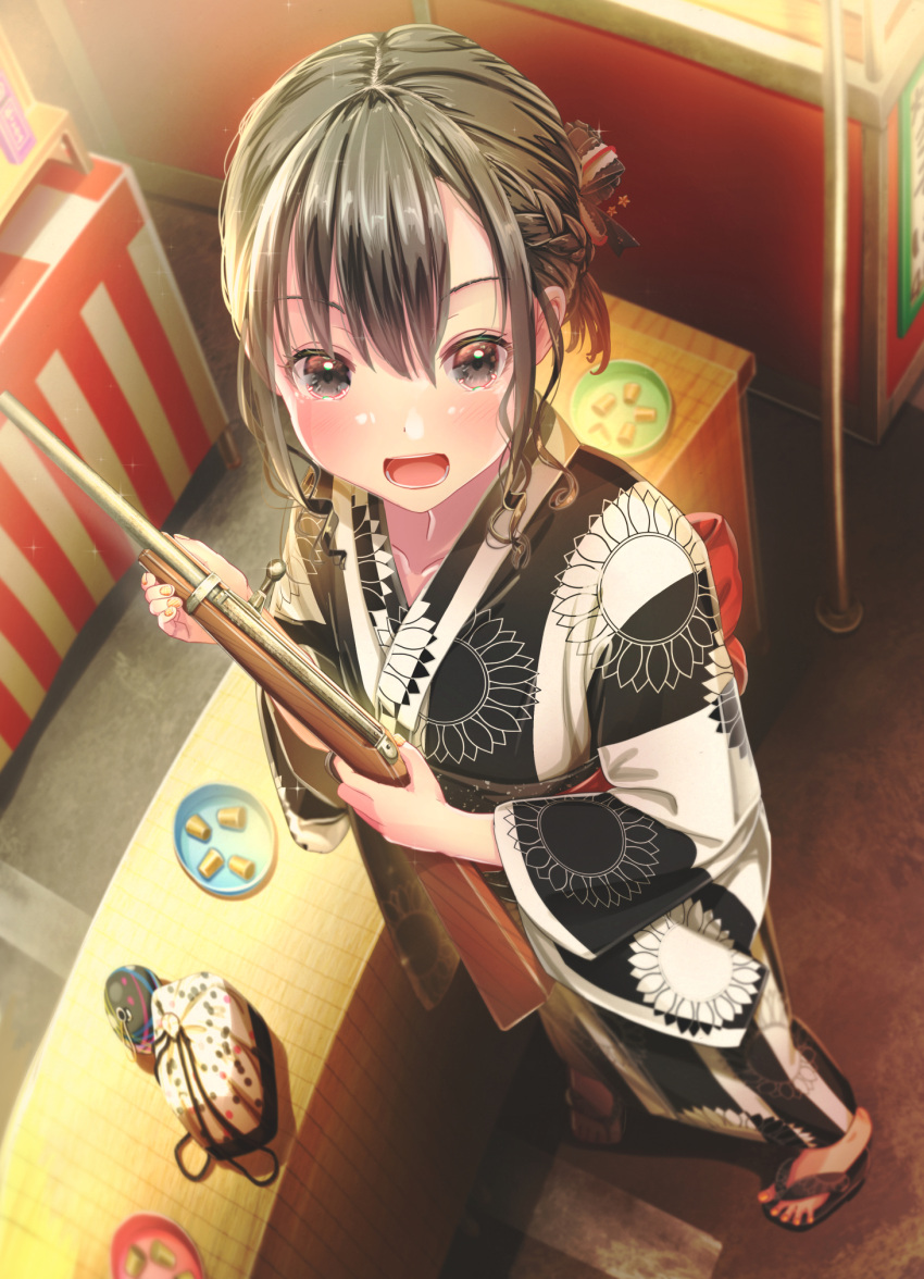 1girl, :d, aiuabo, black_hair, black_kimono, blush, child, floral_print