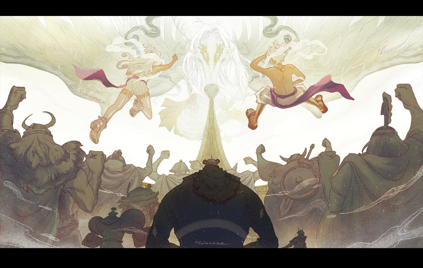 2girls, 6+boys, alternate_form, bartholomew_kuma, brogy, cape, cloud_hair, devil_fruit_power