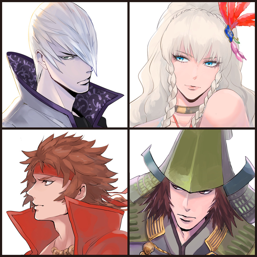 1girl, 3boys, black_border, blonde_hair, blue_eyes, border, braid, brown_eyes