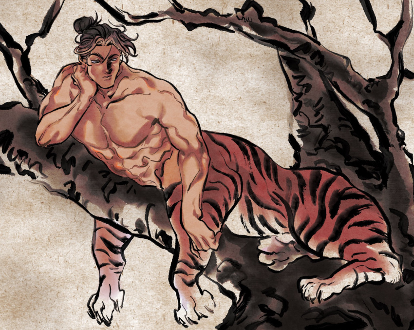 1boy, 4_virgin, abs, brown_background, brown_eyes, brown_hair, centauroid, claws