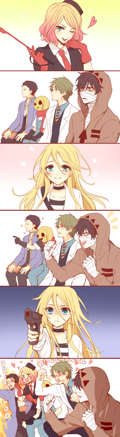 2girls, 4boys, abraham_gray_(satsuriku_no_tenshi), bandaged_hand, bandages, black_hair, black_hat, blonde_hair