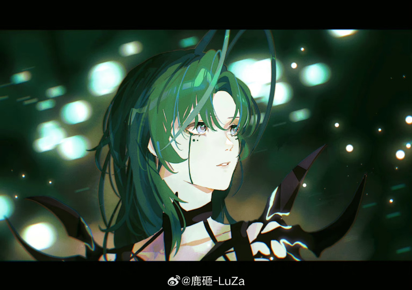 1girl, antenna_hair, blue_eyes, blurry, blurry_background, collarbone, colored_tears, crying, facial_mark, forehead, green_hair, letterboxed, looking_to_the_side, luza_(552131725ljm), mantis_(path_to_nowhere), material_growth, parted_bangs, parted_lips, path_to_nowhere, solo, streaming_tears, tears, upper_body, weibo_logo, weibo_watermark