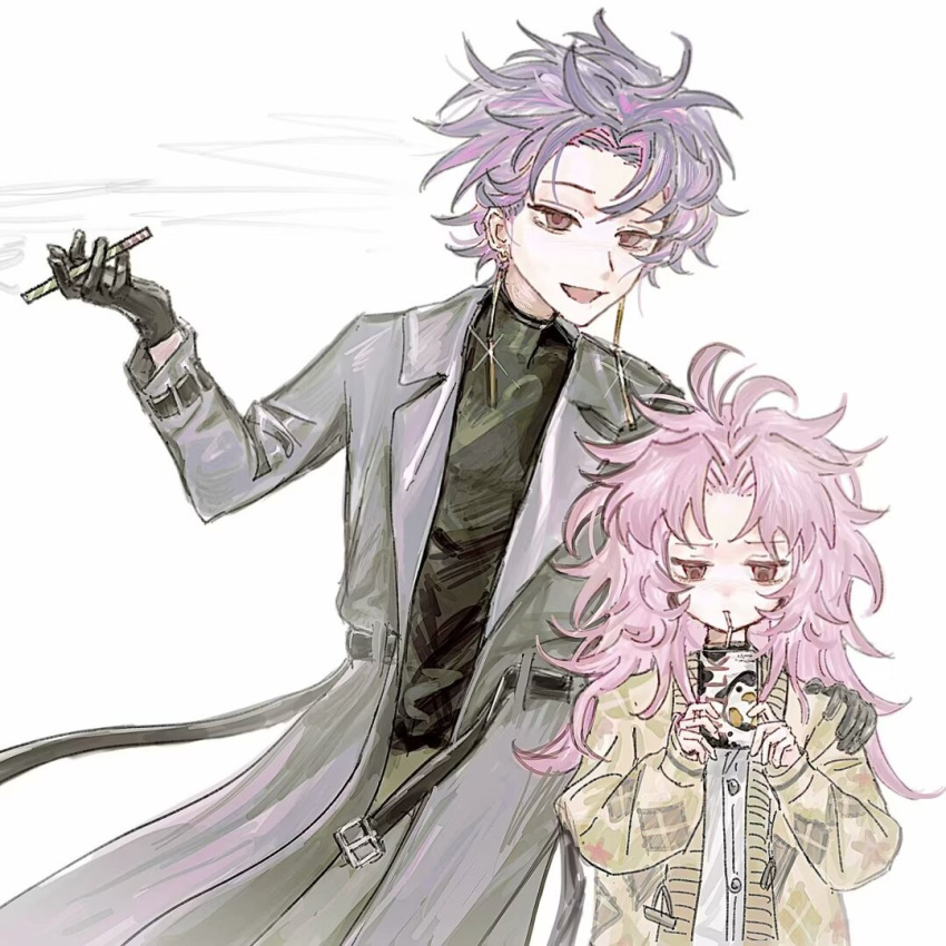 2boys, alternate_costume, antenna_hair, belt, black_belt, black_gloves, black_sweater, cardigan