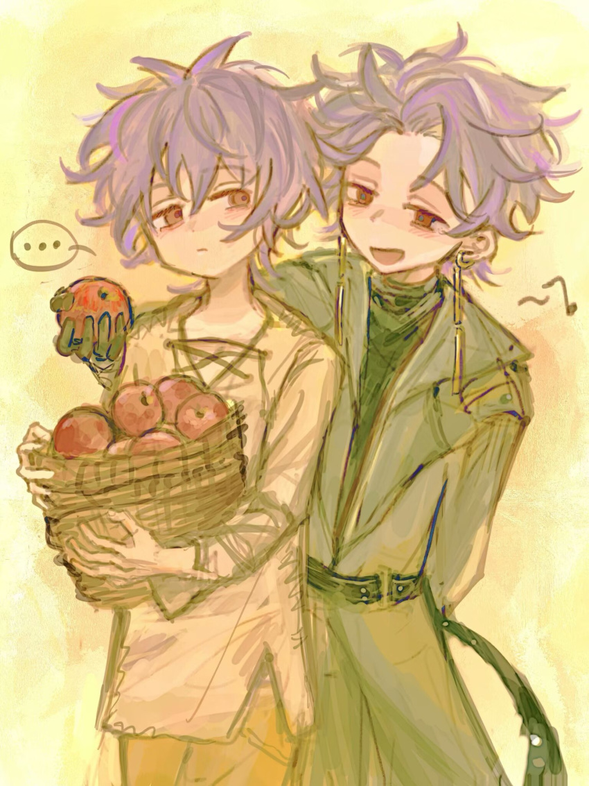 ..., 2boys, apple, arm_behind_back, basket, belt, black_belt, black_gloves
