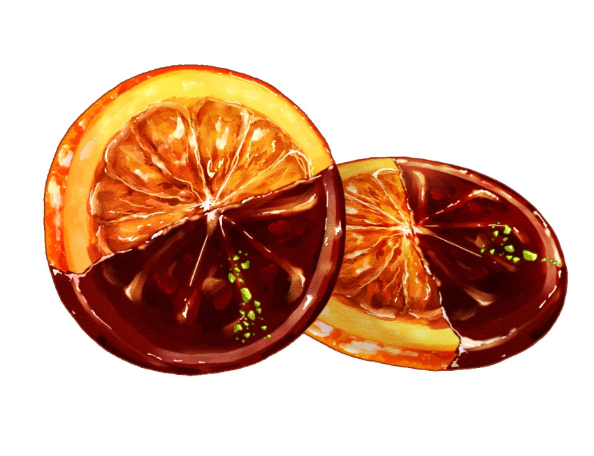 chocolate, food, food_focus, fruit, mandarin_orange, no_humans, orange_(fruit), orange_slice