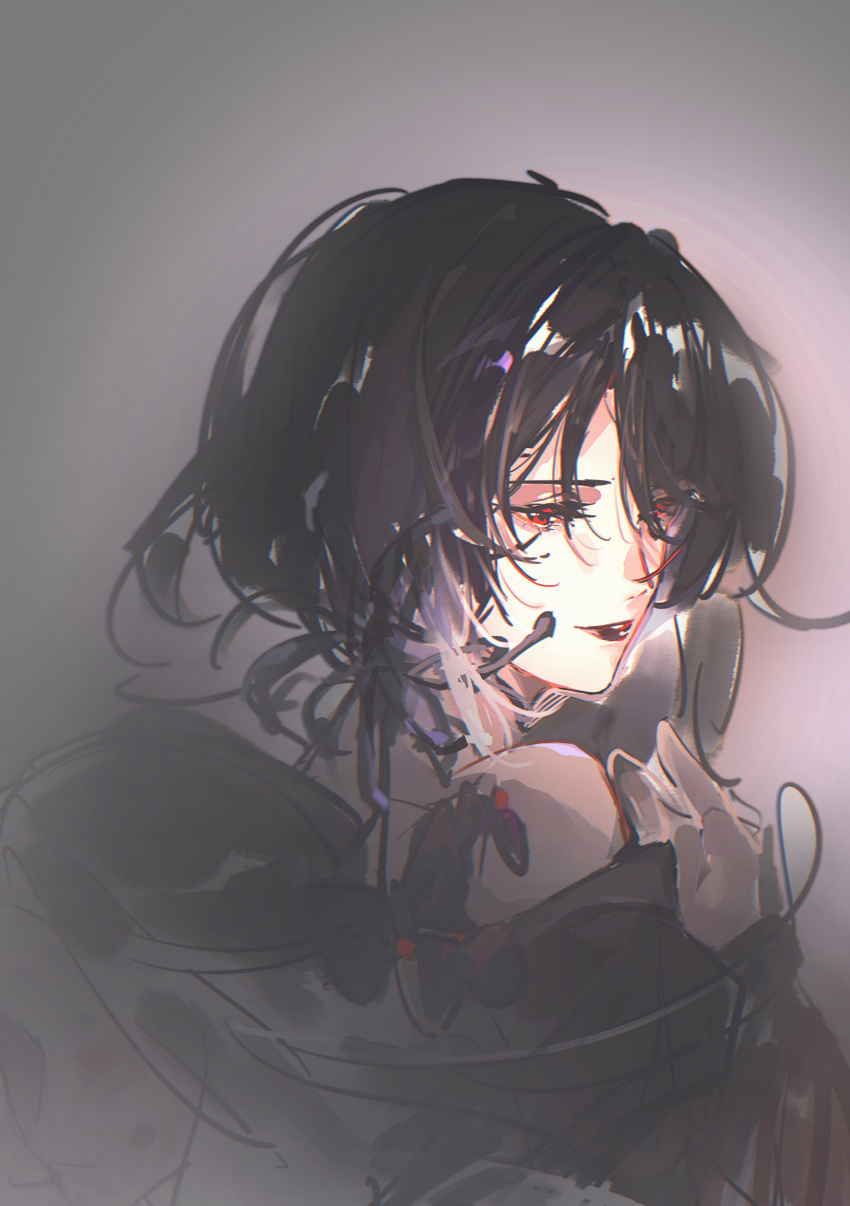 1girl, absurdres, bare_shoulders, black_lips, flower, from_behind, gradient_background, grey_background