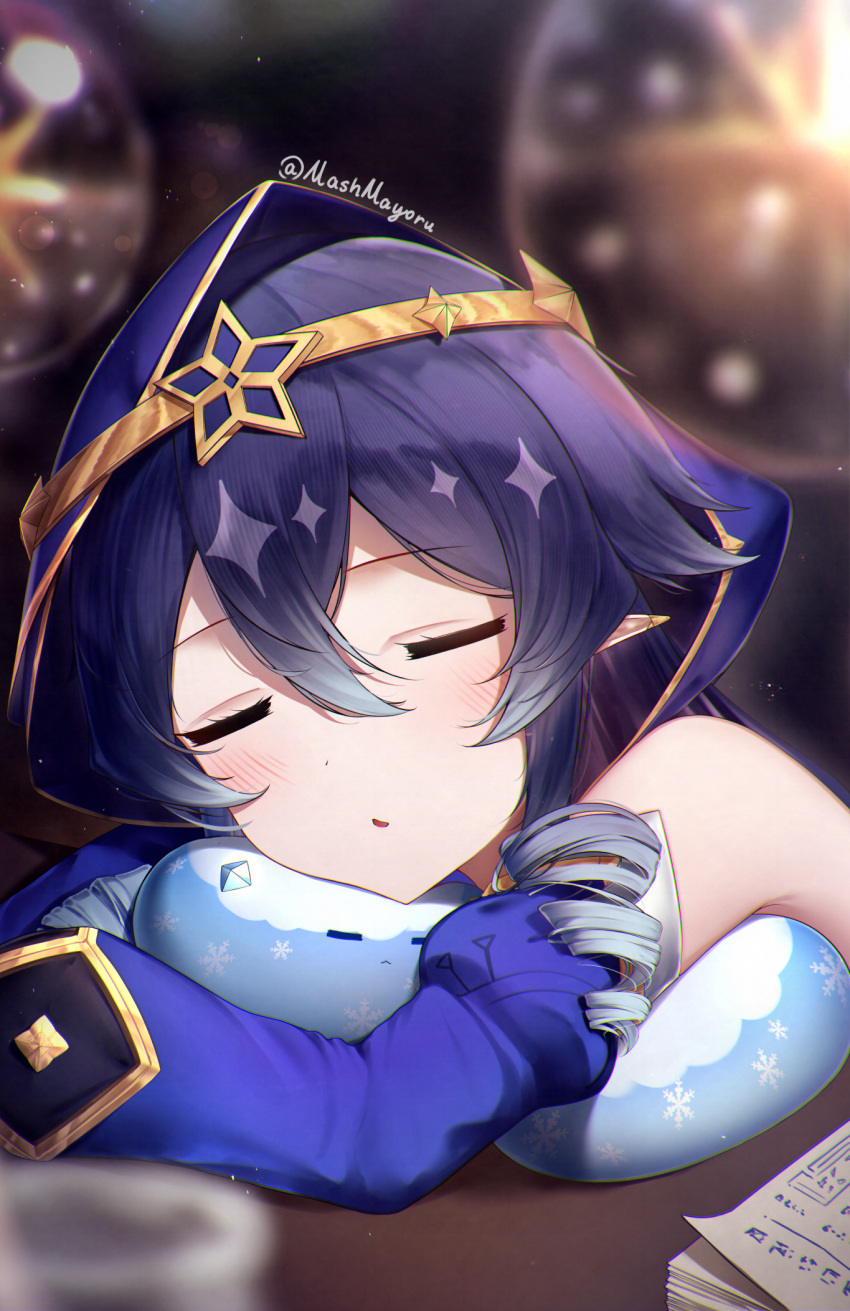 1girl, blue_hair, blurry, blurry_background, circlet, closed_eyes, commentary, crossed_bangs, dress, drill_hair, english_commentary, genshin_impact, gold_circlet, gradient_hair, hair_between_eyes, head_rest, highres, layla_(genshin_impact), light_blush, mash_mayoru, multicolored_hair, paper_stack, pointy_ears, portrait, single_bare_shoulder, sleeveless, sleeveless_dress, slime_(genshin_impact), solo, star_(symbol), twitter_username, white_hair