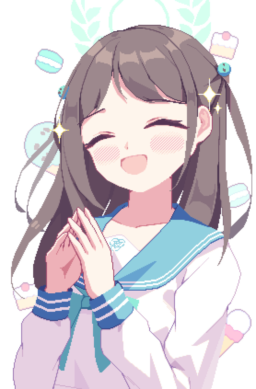 1girl, absurdres, airi_(blue_archive), blue_archive, blue_sailor_collar, blush, brown_hair, closed_eyes
