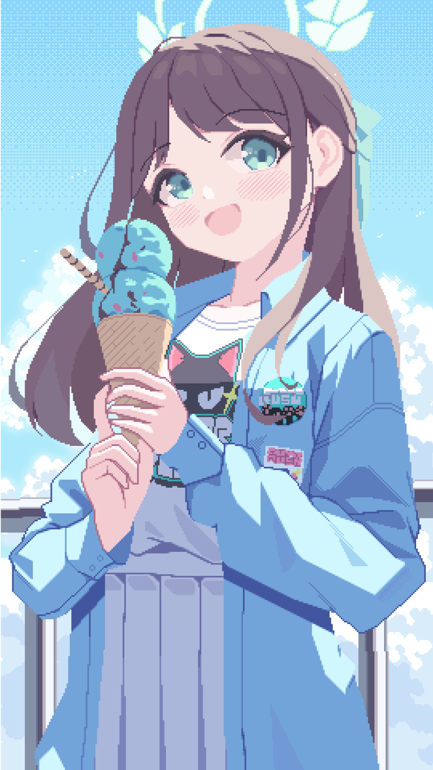 1girl, absurdres, airi_(band)_(blue_archive), airi_(blue_archive), blue_archive, blue_coat, blush, brown_hair