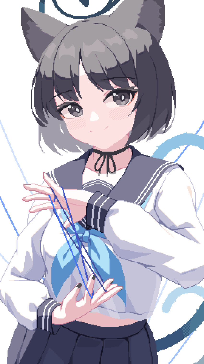 1girl, animal_ears, black_eyes, black_hair, black_halo, black_nails, black_sailor_collar, black_skirt