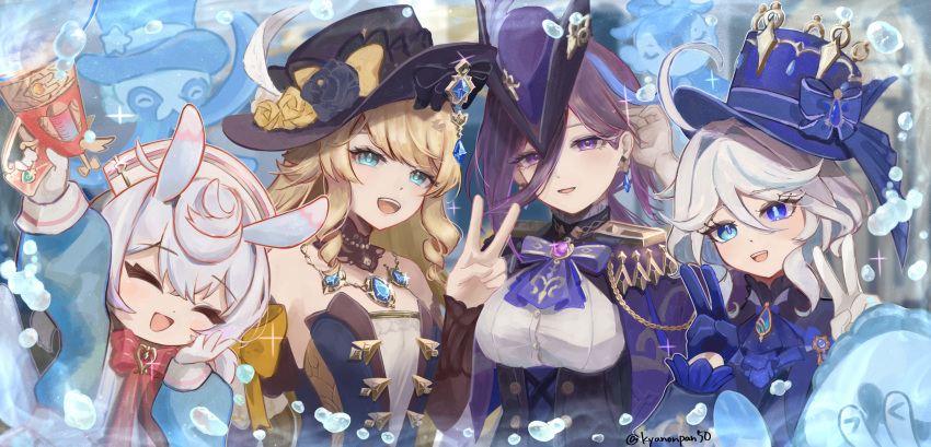 4girls, absurdres, ahoge, artist_name, black_collar, black_flower, black_hat, black_rose