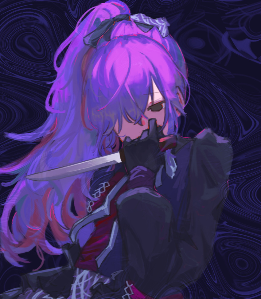1girl, alternate_costume, asahina_mafuyu, black_eyes, black_gloves, black_ribbon, covering_own_mouth, cross-laced_clothes, gloves, hair_over_one_eye, hair_ribbon, highres, holding, holding_knife, knife, long_hair, long_sleeves, nanami_77m, one_eye_covered, ponytail, project_sekai, purple_hair, ribbon, solo