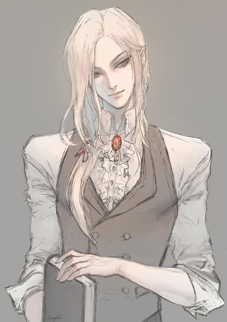 1boy, ascot, black_vest, blonde_hair, book, closed_mouth, dress_shirt, gem