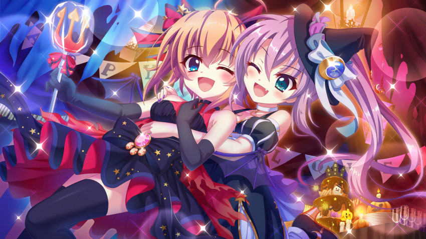 2girls, ;d, ahoge, aqua_eyes, bare_shoulders, black_bow, black_dress, black_footwear