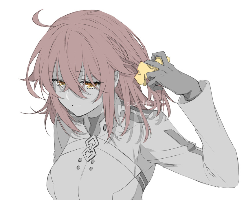 1girl, ahoge, black_shirt, black_stripes, breasts, buttons, chaldea_logo, commentary_request