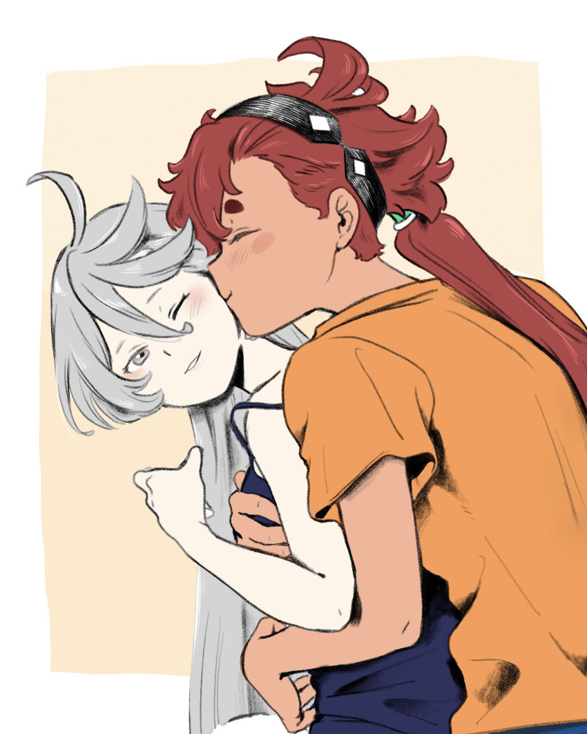 2girls, black_hairband, blue_camisole, camisole, closed_eyes, dark-skinned_female, dark_skin, grabbing