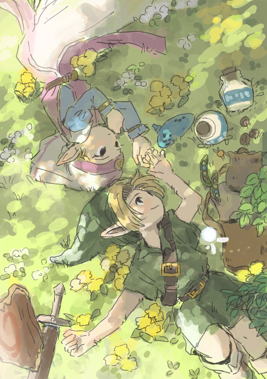 1boy, 1girl, bag, beans, belt, blonde_hair, boots, bottle