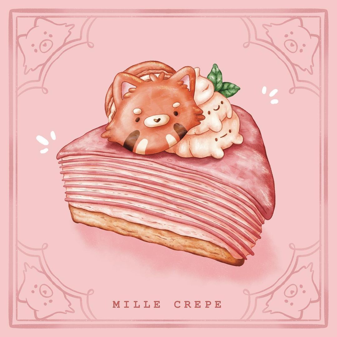 :>, abbey_and_bear, animal-themed_food, black_eyes, cake, cake_slice, closed_mouth, commentary