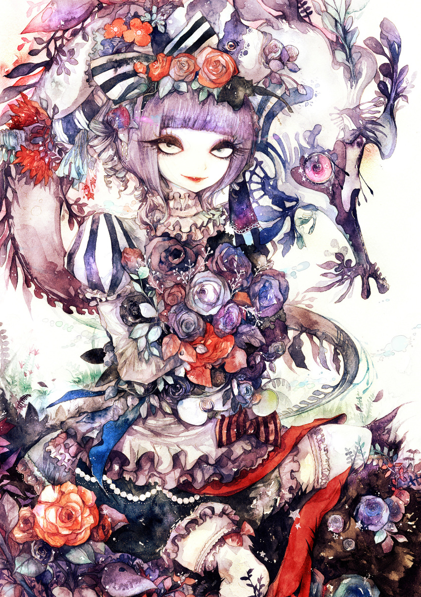 dress, flower, highres, houmuari, original, solo, striped