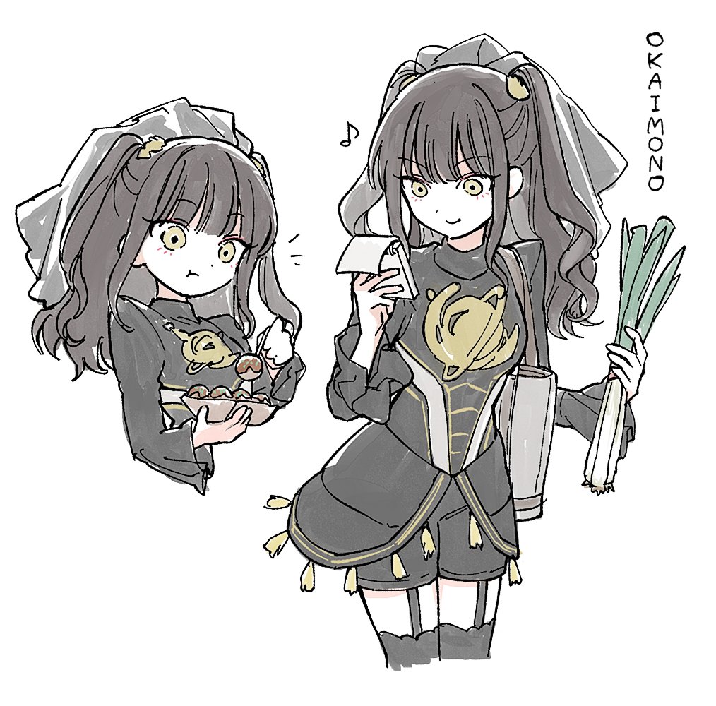 1girl, black_dress, black_thighhighs, brown_hair, commentary, dress, eating, food