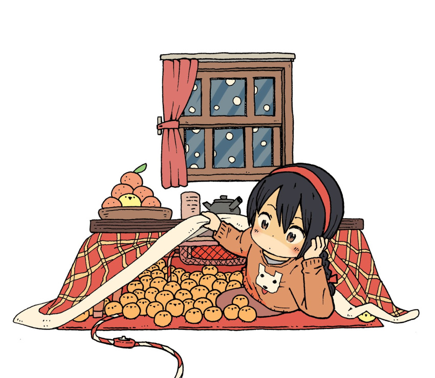 1girl, animal, bird, black_hair, blush_stickers, bowl, braid, brown_eyes