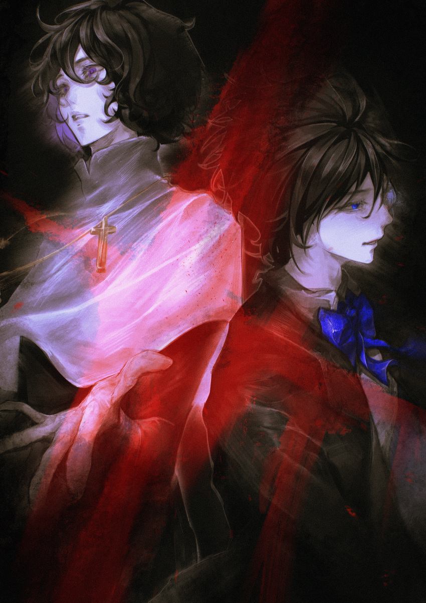 2boys, absurdres, black_hair, black_jacket, black_shirt, blue_eyes, blue_ribbon, capelet