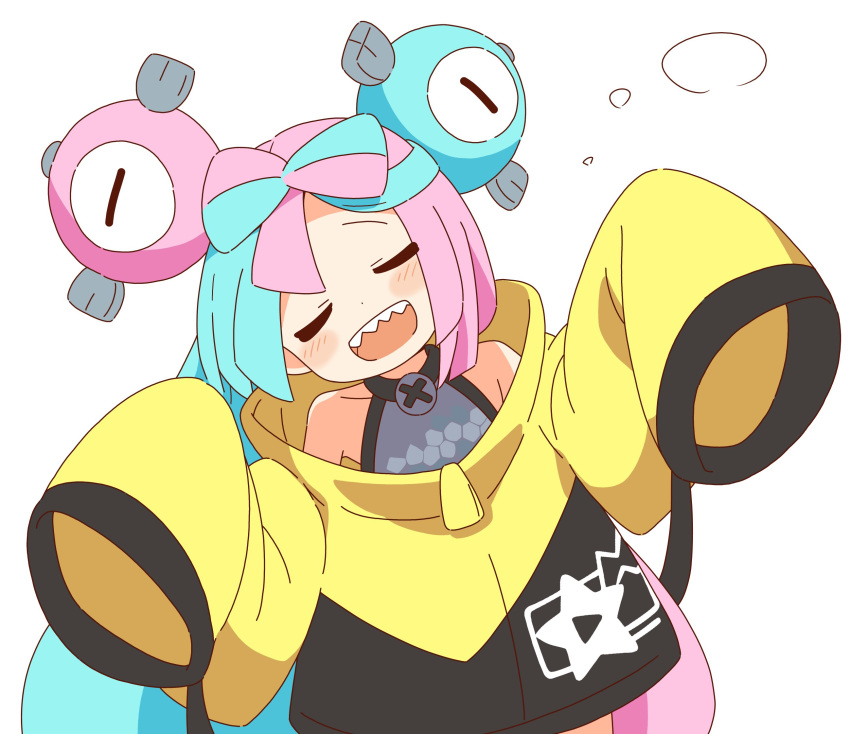 1girl, bare_shoulders, blue_hair, blush, bow-shaped_hair, character_hair_ornament, closed_eyes, facing_viewer