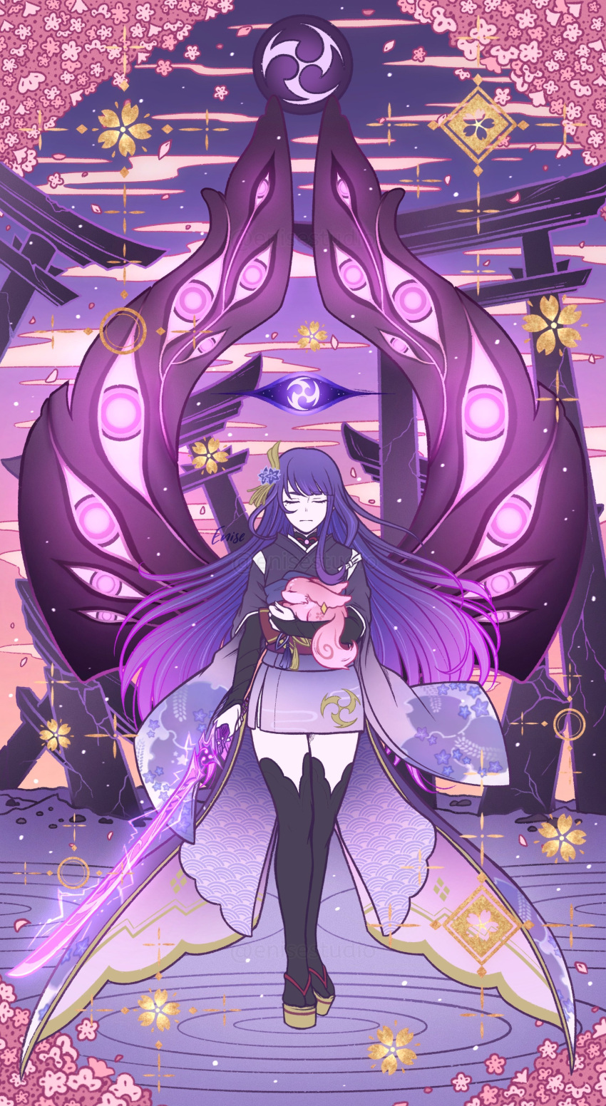 2girls, :|, absurdres, animal, black_thighhighs, blunt_bangs, bridal_gauntlets, cherry_blossoms, closed_eyes, closed_mouth, clouds, commentary, crack, electro_symbol_(genshin_impact), english_commentary, enise, falling_petals, flower_(symbol), full_body, genshin_impact, gradient_hair, hair_ornament, highres, holding, holding_animal, holding_sword, holding_weapon, japanese_clothes, kimono, long_hair, mistsplitter_reforged_(genshin_impact), multicolored_clothes, multicolored_hair, multicolored_kimono, multiple_girls, obi, okobo, petals, pillar, pink_hair, purple_sky, raiden_shogun, sandals, sash, signature, sky, sword, thigh-highs, torii, twitter_username, very_long_hair, violet_eyes, weapon, yae_miko, yae_miko_(fox)