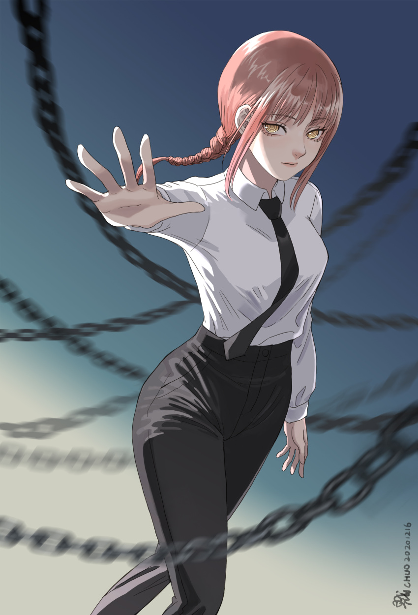 1girl, absurdres, artist_name, black_necktie, black_pants, blue_background, braid, breasts