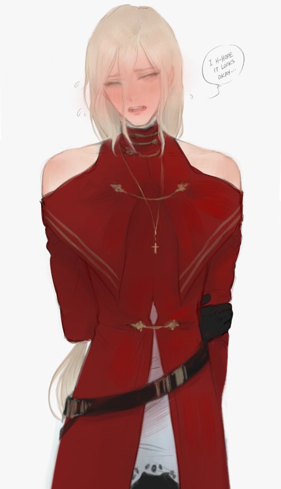 arms_behind_back, bare_shoulders, blonde_hair, blush, closed_eyes, clothing_cutout, coat, cowboy_shot