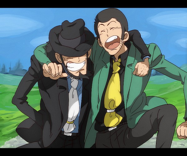 arsene_lupin_iii, beard, belt, black_hair, closed_eyes, facial_hair, fedora, formal